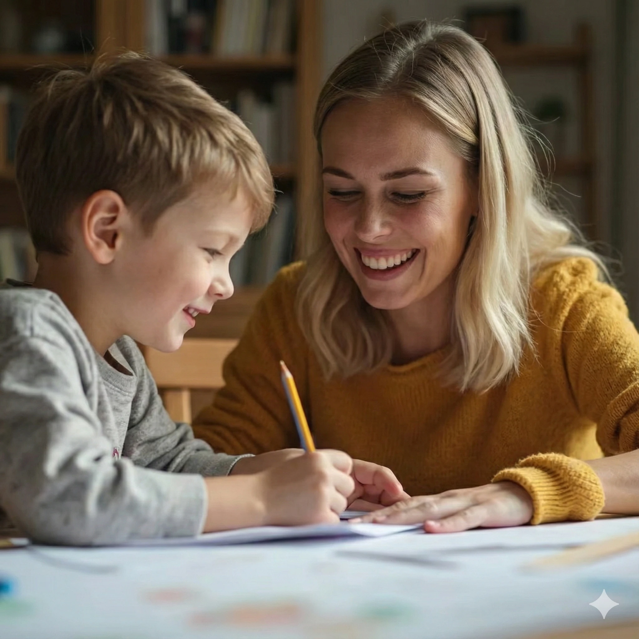 Mãe ajudando filho com atividades de leitura